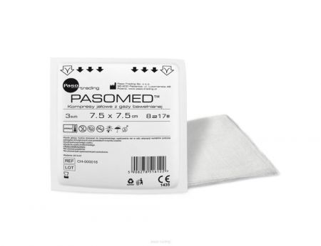 PASOMED KOMPRESY JAŁOWE Z GAZY BAWEŁNIANEJ 7,5x7,5 cm, 3 sztuki