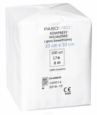 PASOMED KOMPRESY NIEJAŁOWE Z GAZY BAWEŁNIANEJ 10x10 cm, 100 sztuk
